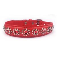 Medium Red Leather Dog Collar with Jewels, Fits Neck 11-12.25"