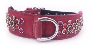 Xxx-Large Pink Real Leather Dog Colla With Crystal Gemstones - 22.5"-25.5"