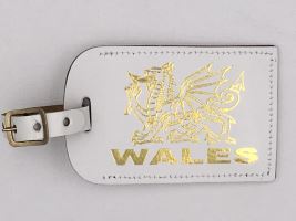 Welsh White Leather Luggage Name Tag with Straps Dragon