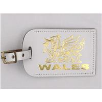 Welsh White Leather Luggage Name Tag with Straps Dragon