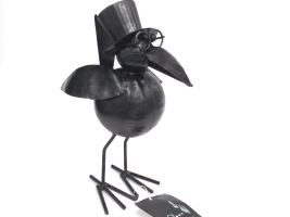 Cute 9" Metal Crow Figurine Wearing Glasses+Top Hat