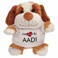 Adopted By AADI Cuddly Dog Teddy Bear Wearing a Printed Named T-Shirt