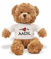 Adopted By AADIL Teddy Bear Wearing a Personalised Name T-Shirt