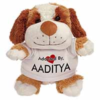 Adopted By AADITYA Cuddly Dog Teddy Bear Wearing a Printed Named T-Shirt