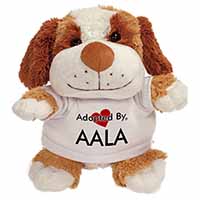 Adopted By AALA Cuddly Dog Teddy Bear Wearing a Printed Named T-Shirt