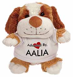 Adopted By AALIA Cuddly Dog Teddy Bear Wearing a Printed Named T-Shirt