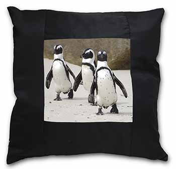 Penguins on Sandy Beach Black Satin Feel Scatter Cushion