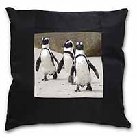 Penguins on Sandy Beach Black Satin Feel Scatter Cushion