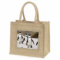 Penguins on Sandy Beach Natural/Beige Jute Large Shopping Bag