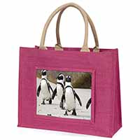 Penguins on Sandy Beach Large Pink Jute Shopping Bag