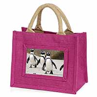 Penguins on Sandy Beach Little Girls Small Pink Jute Shopping Bag