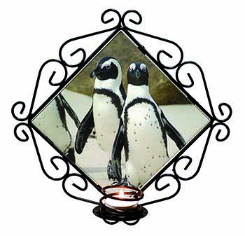 Penguins on Sandy Beach Wrought Iron Wall Art Candle Holder