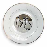 Penguins on Sandy Beach Gold Rim Plate Printed Full Colour in Gift Box