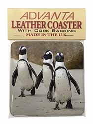 Penguins on Sandy Beach Single Leather Photo Coaster