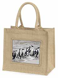 Sea Penguins Natural/Beige Jute Large Shopping Bag