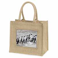 Sea Penguins Natural/Beige Jute Large Shopping Bag