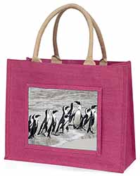 Sea Penguins Large Pink Jute Shopping Bag