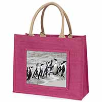 Sea Penguins Large Pink Jute Shopping Bag