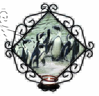 Sea Penguins Wrought Iron Wall Art Candle Holder