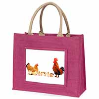 Hen, Chicks and Cockerel Large Pink Jute Shopping Bag