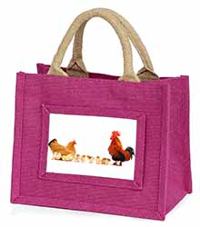 Hen, Chicks and Cockerel Little Girls Small Pink Jute Shopping Bag