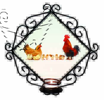 Hen, Chicks and Cockerel Wrought Iron Wall Art Candle Holder