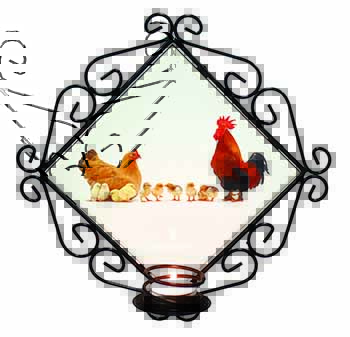 Hen, Chicks and Cockerel Wrought Iron Wall Art Candle Holder