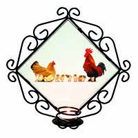 Hen, Chicks and Cockerel Wrought Iron Wall Art Candle Holder