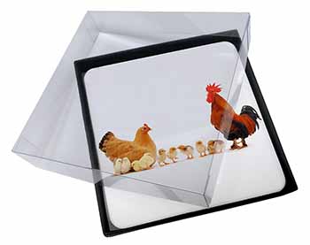 4x Hen, Chicks and Cockerel Picture Table Coasters Set in Gift Box