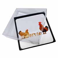 4x Hen, Chicks and Cockerel Picture Table Coasters Set in Gift Box