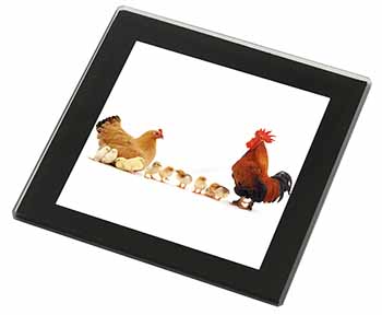 Hen, Chicks and Cockerel Black Rim High Quality Glass Coaster