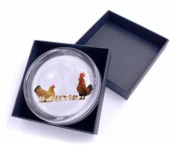 Hen, Chicks and Cockerel Glass Paperweight in Gift Box