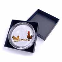 Hen, Chicks and Cockerel Glass Paperweight in Gift Box