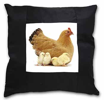 Hen with Baby Chicks Black Satin Feel Scatter Cushion