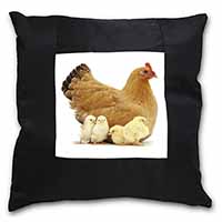 Hen with Baby Chicks Black Satin Feel Scatter Cushion