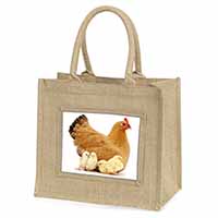 Hen with Baby Chicks Natural/Beige Jute Large Shopping Bag