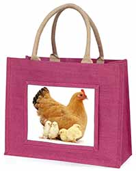 Hen with Baby Chicks Large Pink Jute Shopping Bag