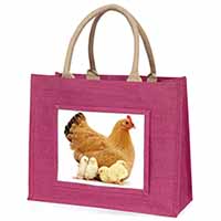 Hen with Baby Chicks Large Pink Jute Shopping Bag