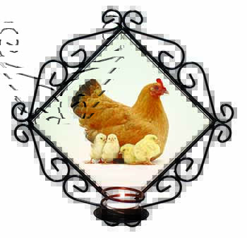 Hen with Baby Chicks Wrought Iron Wall Art Candle Holder