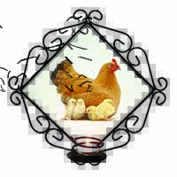 Hen with Baby Chicks Wrought Iron Wall Art Candle Holder