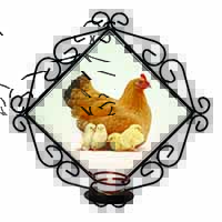 Hen with Baby Chicks Wrought Iron Wall Art Candle Holder