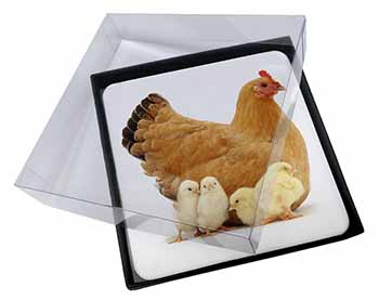 4x Hen with Baby Chicks Picture Table Coasters Set in Gift Box