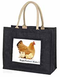 Personalised Easter Hen+Chicks Large Black Jute Shopping Bag