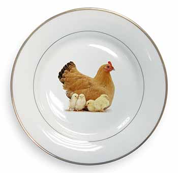 Hen with Baby Chicks Gold Rim Plate Printed Full Colour in Gift Box