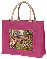 Forest Wildlife Animals Large Pink Jute Shopping Bag