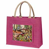 Forest Wildlife Animals Large Pink Jute Shopping Bag