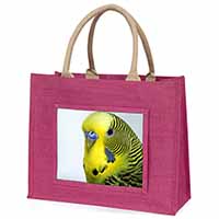 Yellow Budgerigar, Budgie Large Pink Jute Shopping Bag