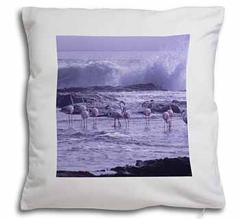 Pink Flamingo on Sea Shore Soft White Velvet Feel Scatter Cushion