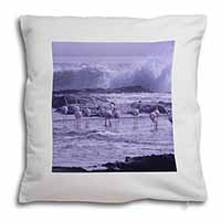 Pink Flamingo on Sea Shore Soft White Velvet Feel Scatter Cushion