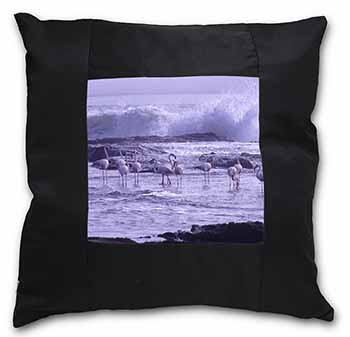 Pink Flamingo on Sea Shore Black Satin Feel Scatter Cushion